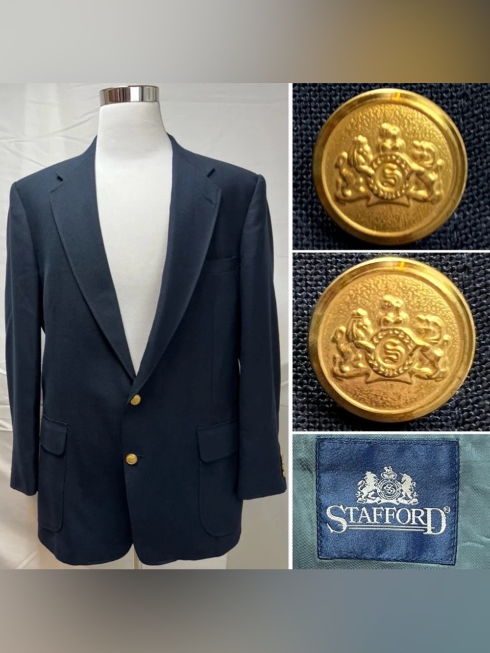 Stafford Men’s 42R Navy Wool Blend Gold Button Vintage Sport Coat Blazer Jacket